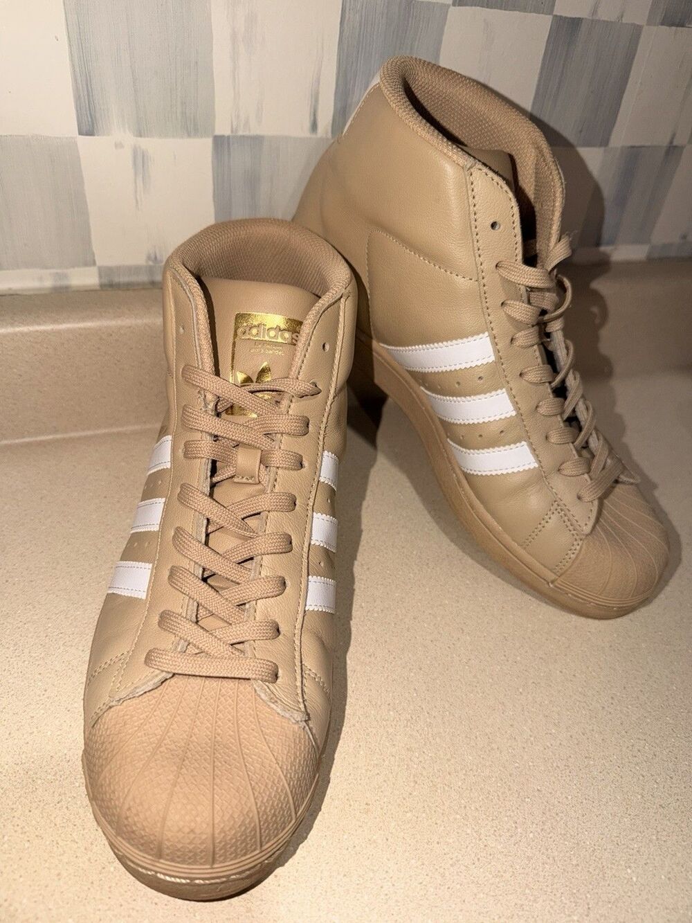 Adidas Pro Model Linen Khaki Mens Sneakers CG5072 Sz 8 Tan White Gold Shell Toe